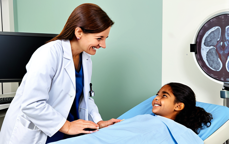 **

A doctor, fully clothed in a professional white coat, smiling reassuringly while explaining a CT scan image to a concerned, fully clothed patient and their family. The CT scan shows a cross-section of the abdomen with a clearly marked area of concern (cancer). The setting is a clean, modern doctor's office. Safe for work, appropriate content, modest setting, family-friendly. Perfect anatomy, correct proportions, natural pose, well-formed hands.

**